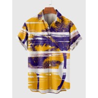 Full-Print Palms Purple & Yellow Coconut Tree Printing Men's Short Sleeve Shirt
