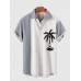 Blue-Grey and White Matching Coconut Tree Printing Men's Short Sleeve Shirt